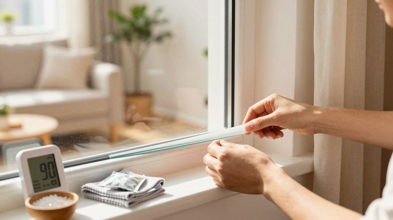 Pessoa a aplicar fita isolante à janela para melhorar a vedação e eficiência energética da casa.