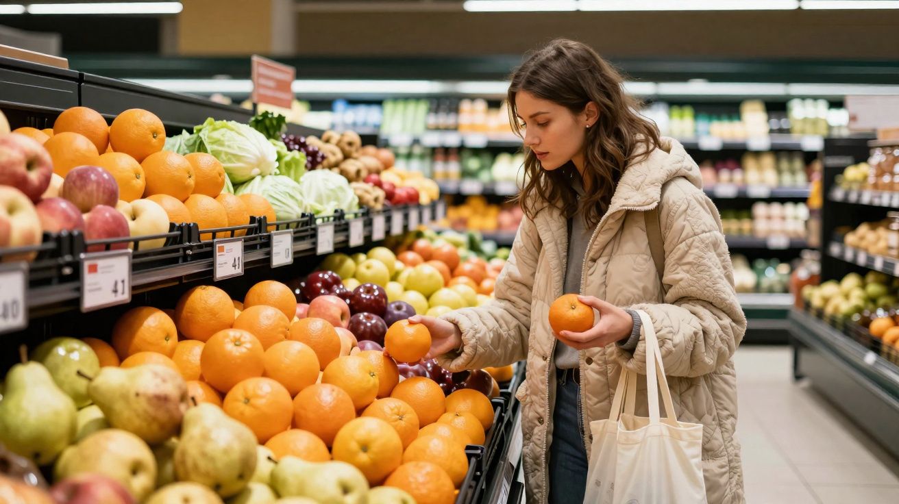 Mulher jovem a escolher laranjas na secção de frutas de um supermercado.