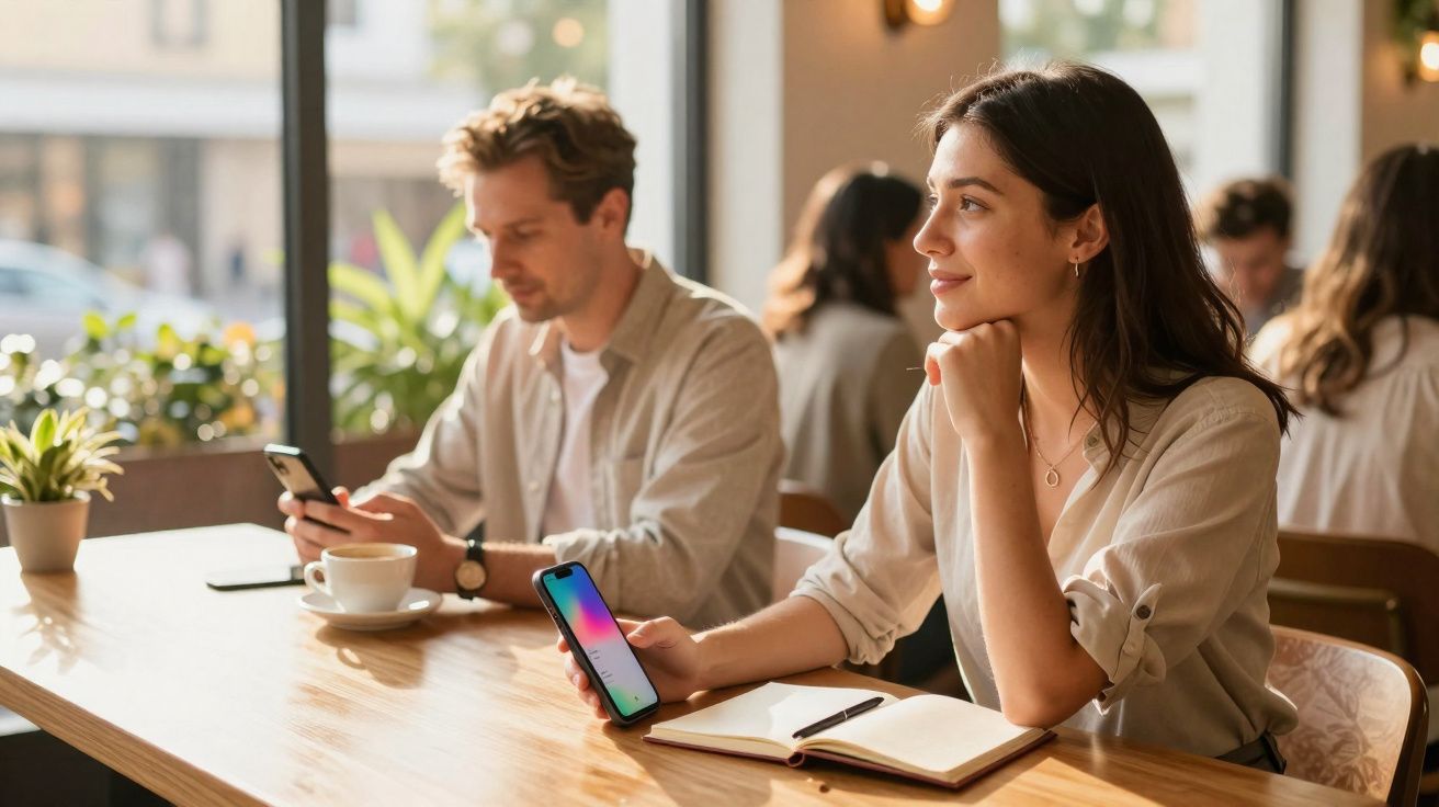 Mulher e homem sentados numa mesa de café, cada um com telemóvel, mulher a olhar pensativa para fora da janela.