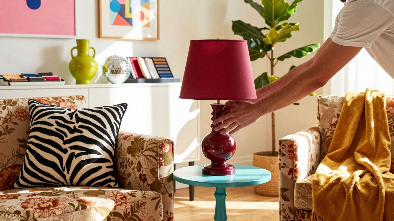 Pessoa a ajustar candeeiro vermelho numa mesa azul entre duas poltronas floridas com almofada zebra e manta amarela.