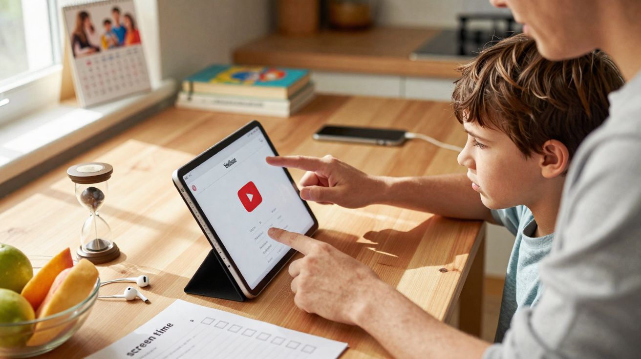 Criança e adulto a usar tablet com a aplicação YouTube aberta numa cozinha iluminada pela luz natural.