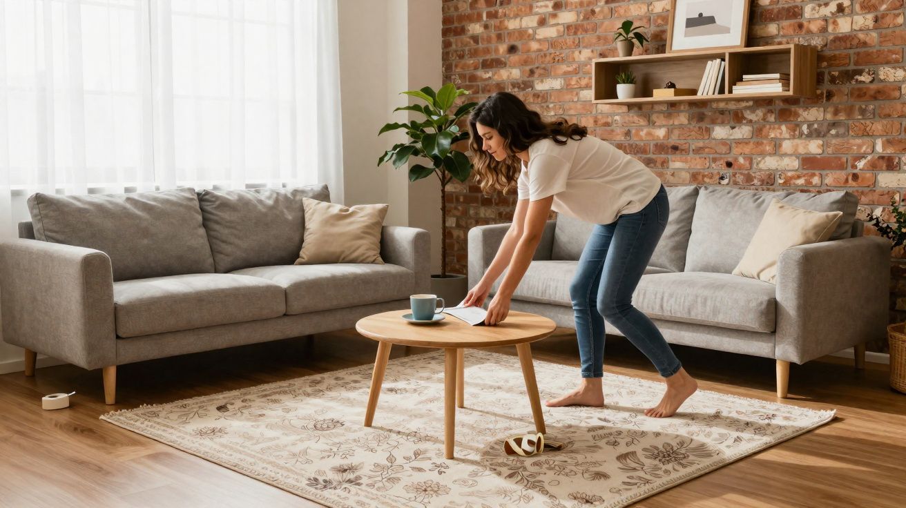Mulher a arrumar uma mesa de centro numa sala acolhedora com dois sofás cinza e parede de tijolos.