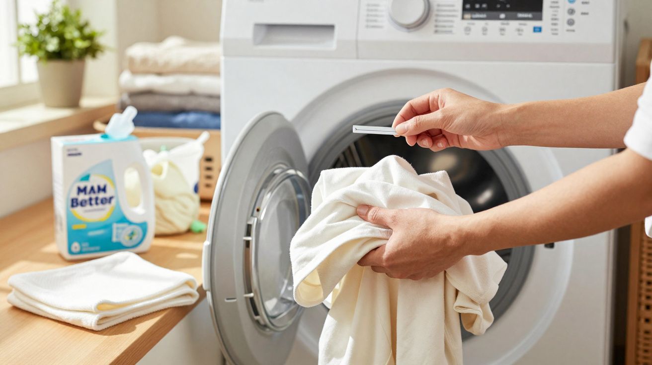 Pessoa a carregar detergente para roupa branca numa máquina de lavar roupa moderna.