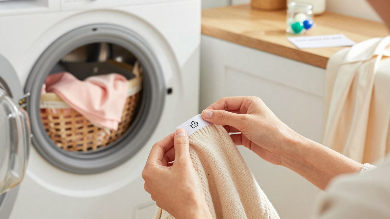 Pessoa a verificar etiqueta de lavagem de uma peça de roupa junto a uma máquina de lavar roupa.