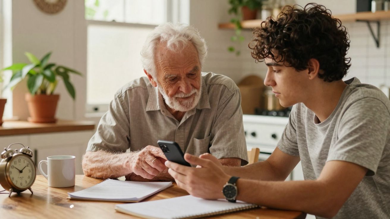 Homem jovem mostra algo no telemóvel a idoso durante uma conversa numa cozinha acolhedora.