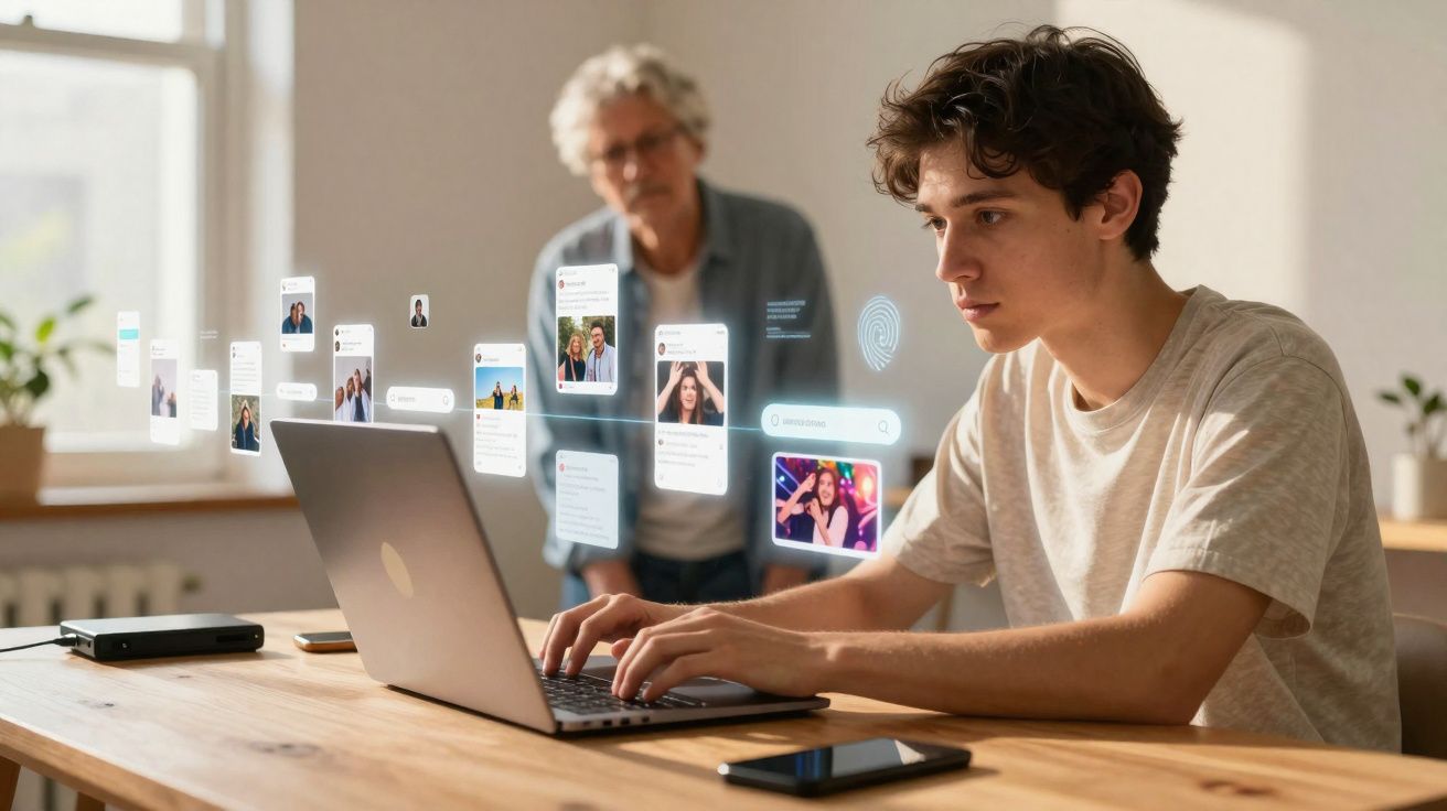 Jovem a usar laptop com interfaces digitais flutuantes, homem idoso observa em ambiente iluminado.