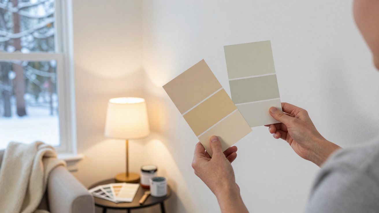 Pessoa segurando amostras de cores para pintar parede branca num ambiente com candeeiro e neve na janela.