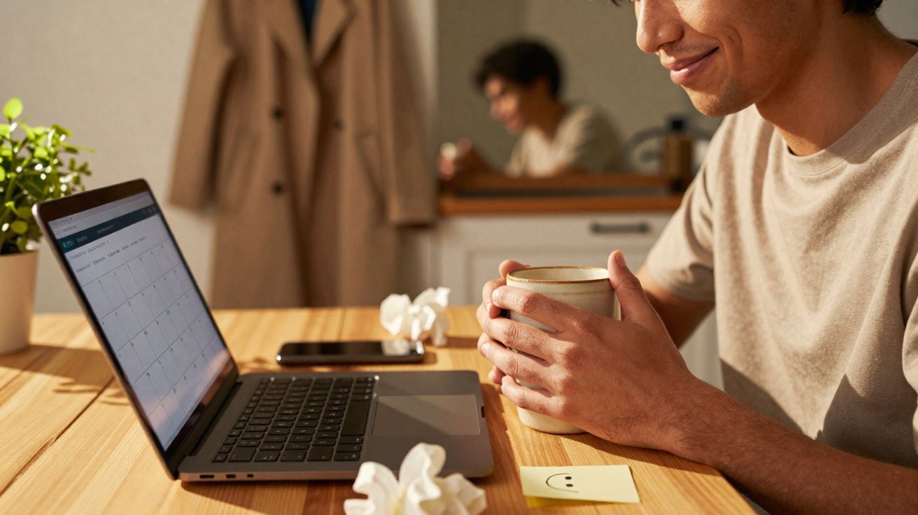 Homem sentado à mesa com portátil e caneca, rodeado de lenços de papel amassados, a sorrir suavemente.