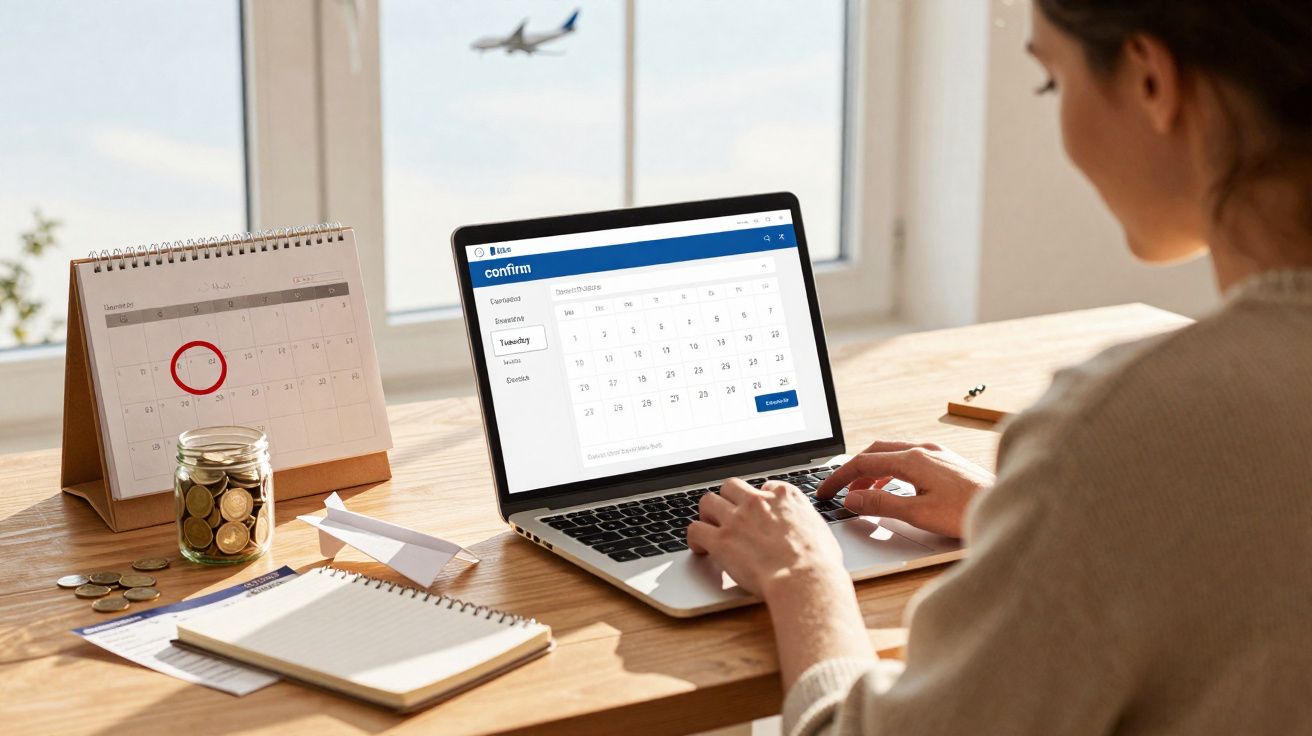 Mulher sentada a trabalhar num laptop numa mesa com calendário, moedas e avião a voar ao fundo.