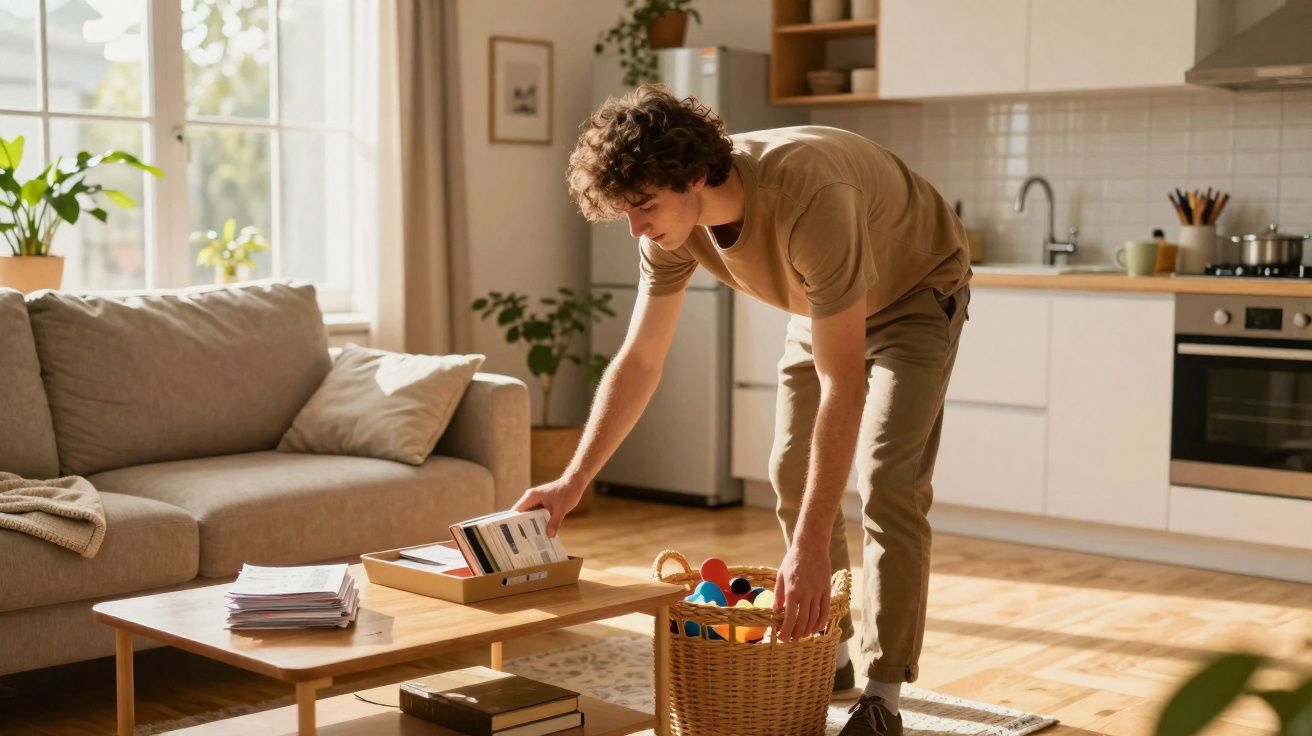 Homem a arrumar uma cesta de brinquedos na sala de estar iluminada e mobiliada de forma moderna.