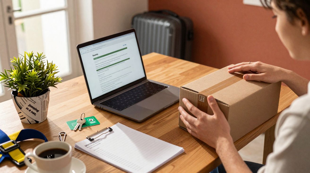 Pessoa a abrir uma caixa de cartão junto a um computador portátil, caderno e chávena de café numa mesa de madeira.