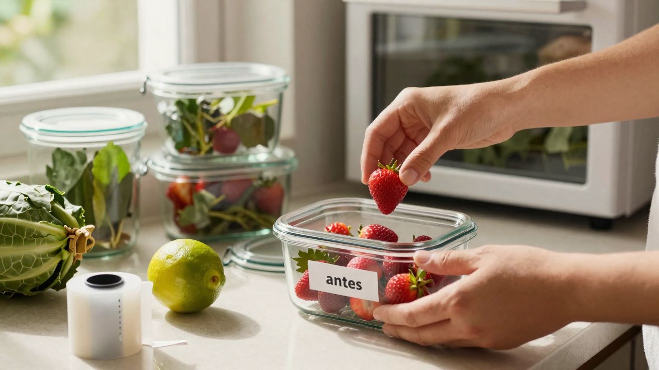 Mãos a colocar morangos em recipiente de vidro rotulado "antes" sobre bancada de cozinha com alimentos.