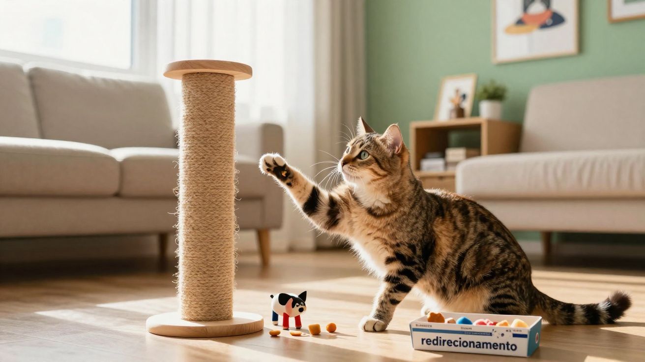 Gato tigrado a brincar com brinquedos no chão, perto de arranhador na sala com sofás ao fundo.