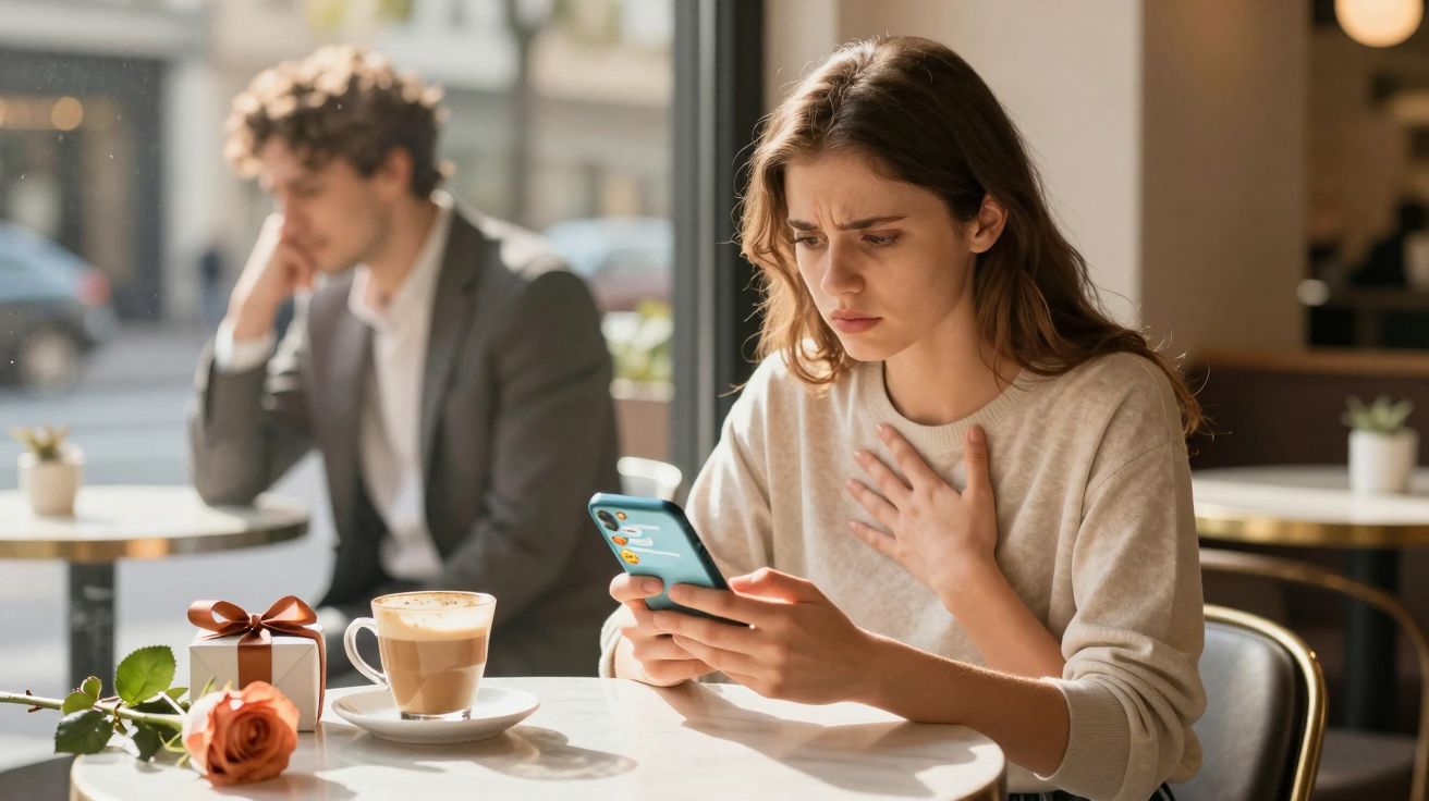 Mulher preocupada lê mensagem no telemóvel num café, com rosa e presente na mesa.