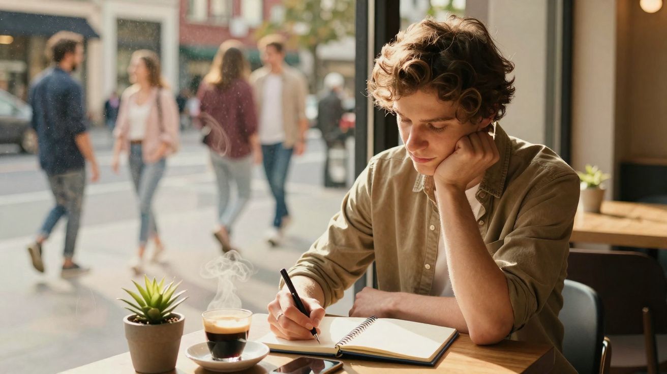 Jovem sentado numa cafetaria a escrever num caderno, com uma chávena de café e planta na mesa.