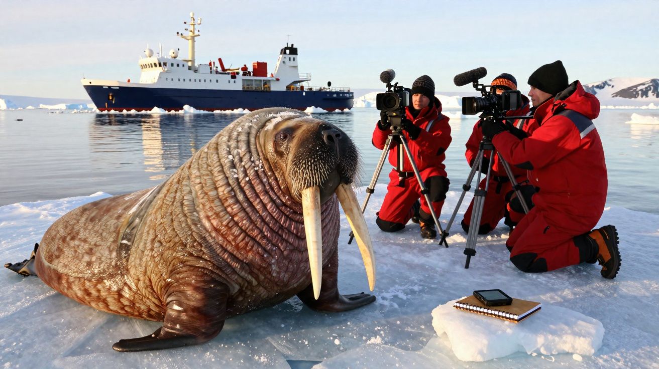 Morsa grande sobre gelo observada por três pessoas com câmaras e navio no mar ao fundo em ambiente ártico.