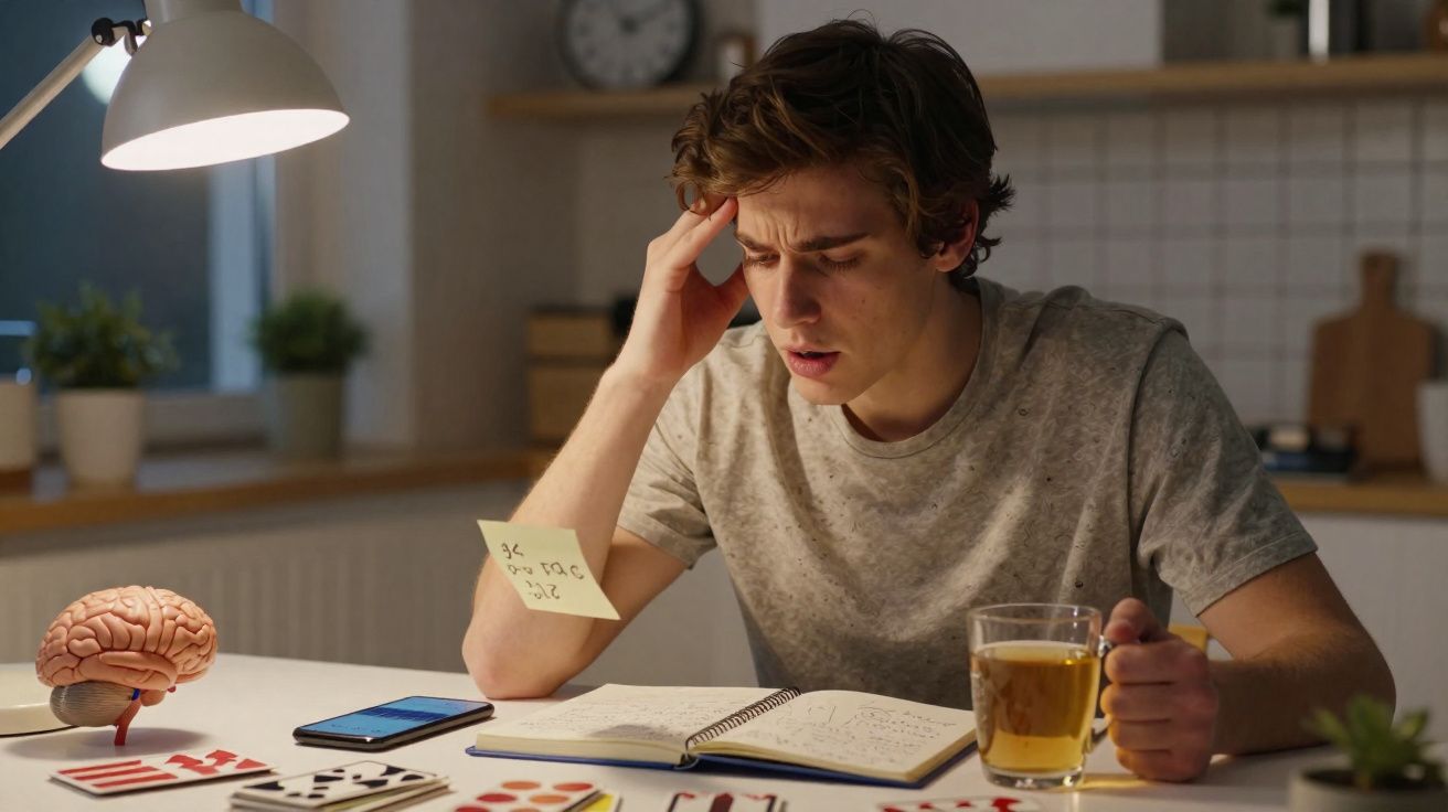 Jovem preocupado a estudar com caderno aberto, nota adesiva na mão e chá numa cozinha iluminada.