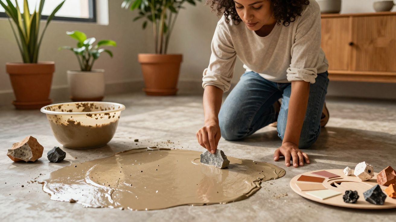 Pessoa em posição ajoelhada a mexer argila com uma pedra no chão, rodeada por vasos e amostras de cor.