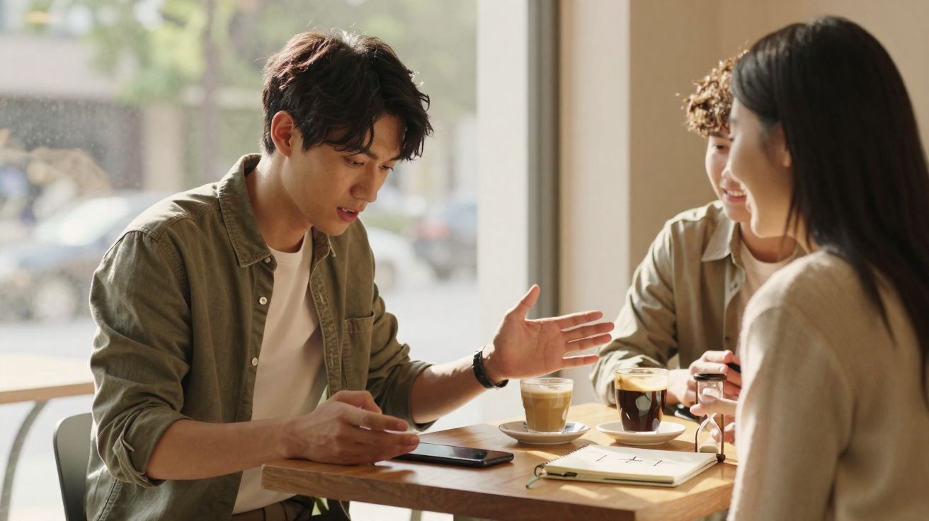 Três jovens amigos sentados à mesa de café a conversar, com bebidas e caderno pela frente.