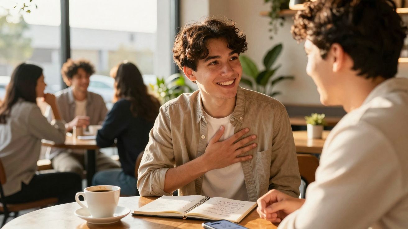 Dois jovens conversam e sorriem numa cafetaria, com grupo de pessoas ao fundo e caderno aberto em cima da mesa.