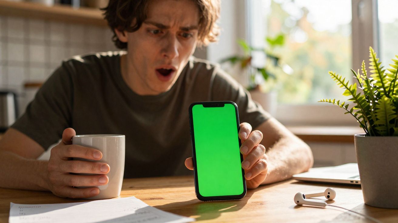 Homem surpreendido mostra telemóvel com ecrã verde enquanto segura uma chávena numa cozinha iluminada.