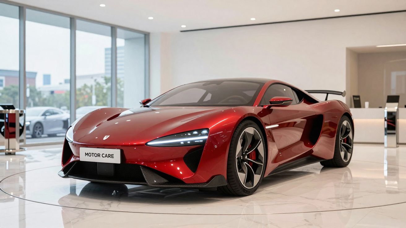 Carro desportivo vermelho vistoso com design aerodinâmico numa exposição moderna e luminosa.