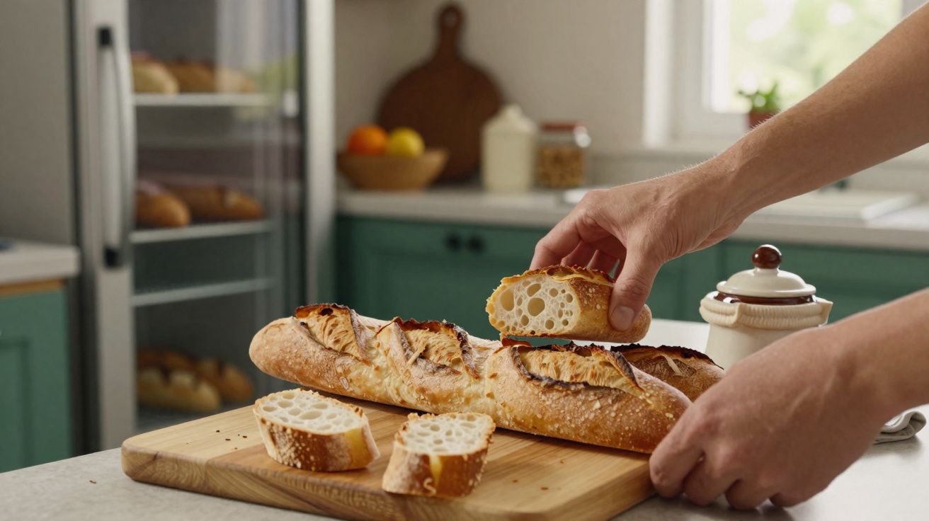 Mãos a cortar e pegar fatias de baguete fresca sobre tábua na cozinha verde com luz natural.