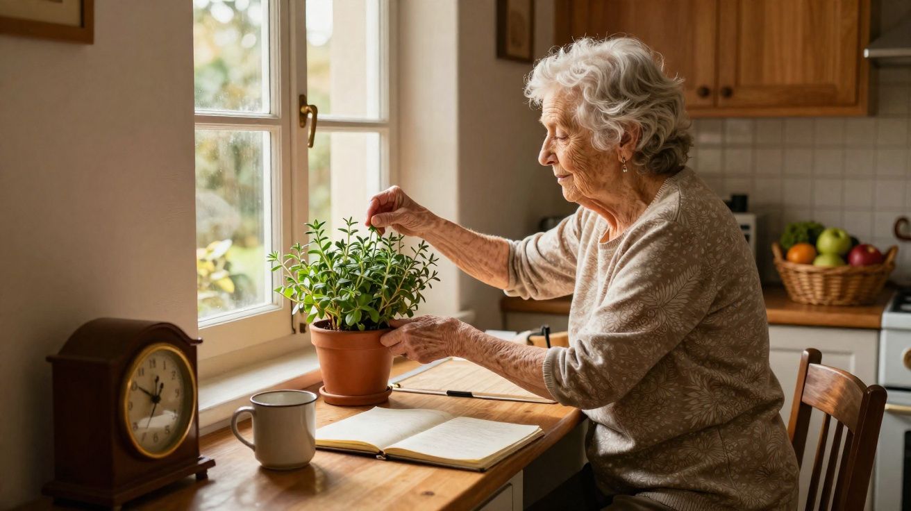 Idosa a cuidar de planta em vaso junto a janela, num ambiente acolhedor de cozinha com relógio e cesto de fruta.