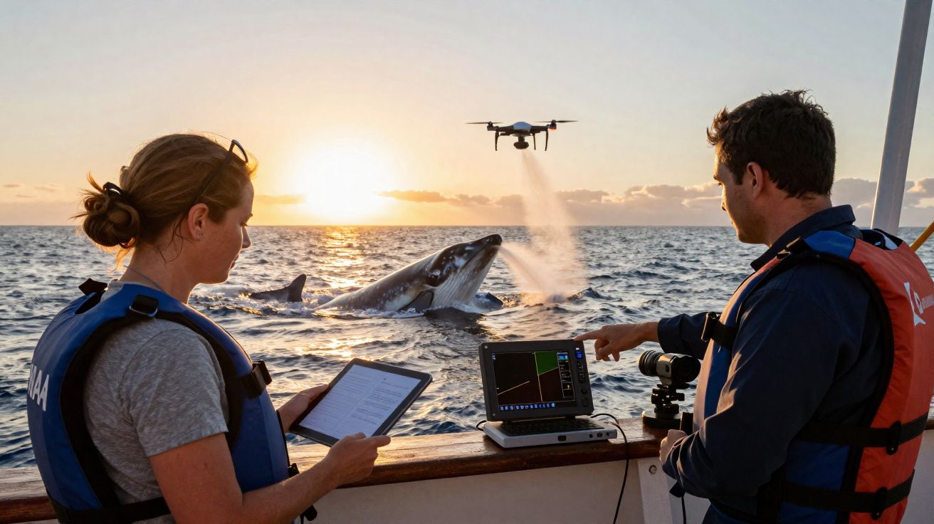 Dois investigadores em barco a analisar dados enquanto um tubarão branco salta perto de um drone sobre o mar ao pôr do sol.