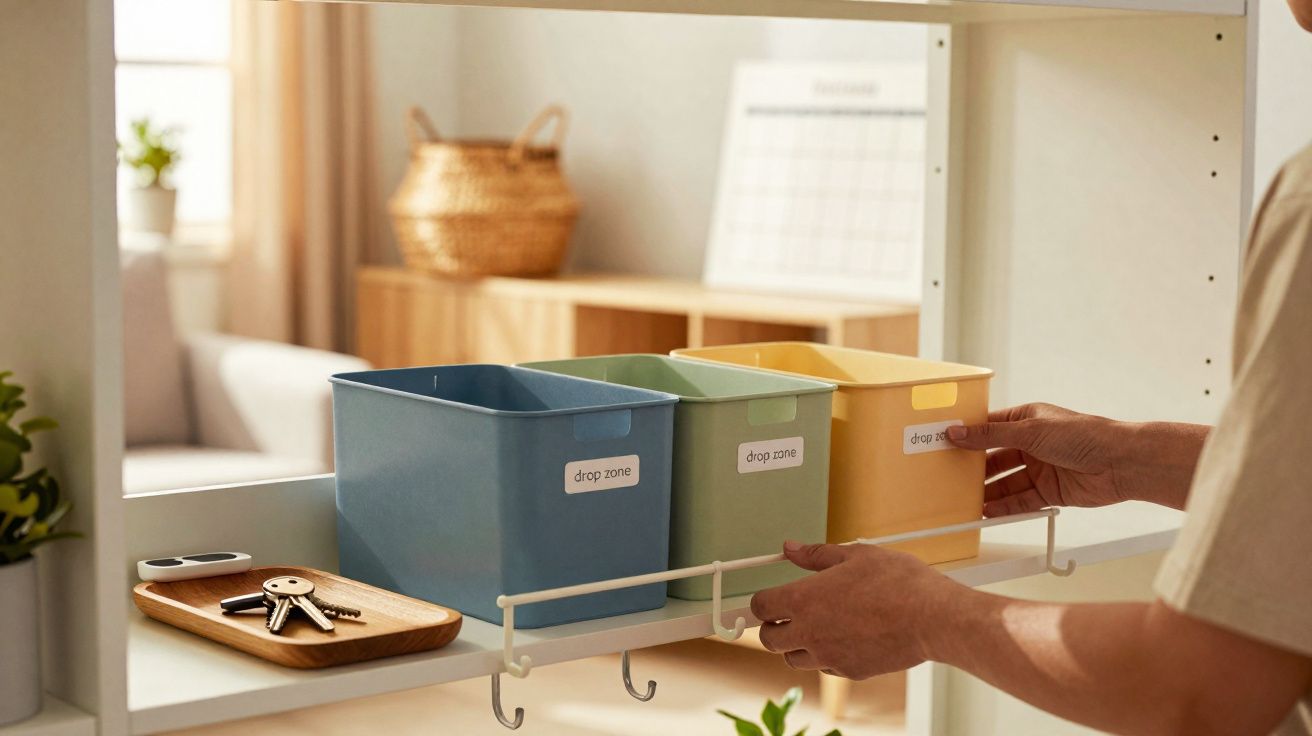 Mãos organizam caixas coloridas etiquetadas "drop zone" numa prateleira branca com chaveiro ao lado.