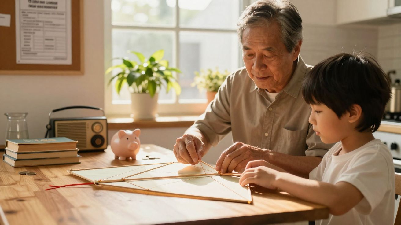 Homem idoso e menino constroem um papagaio de papel juntos numa cozinha iluminada pelo sol.