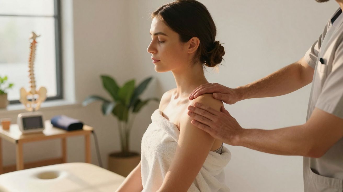 Mulher recebe massagem terapêutica nos ombros numa clínica de fisioterapia iluminada.