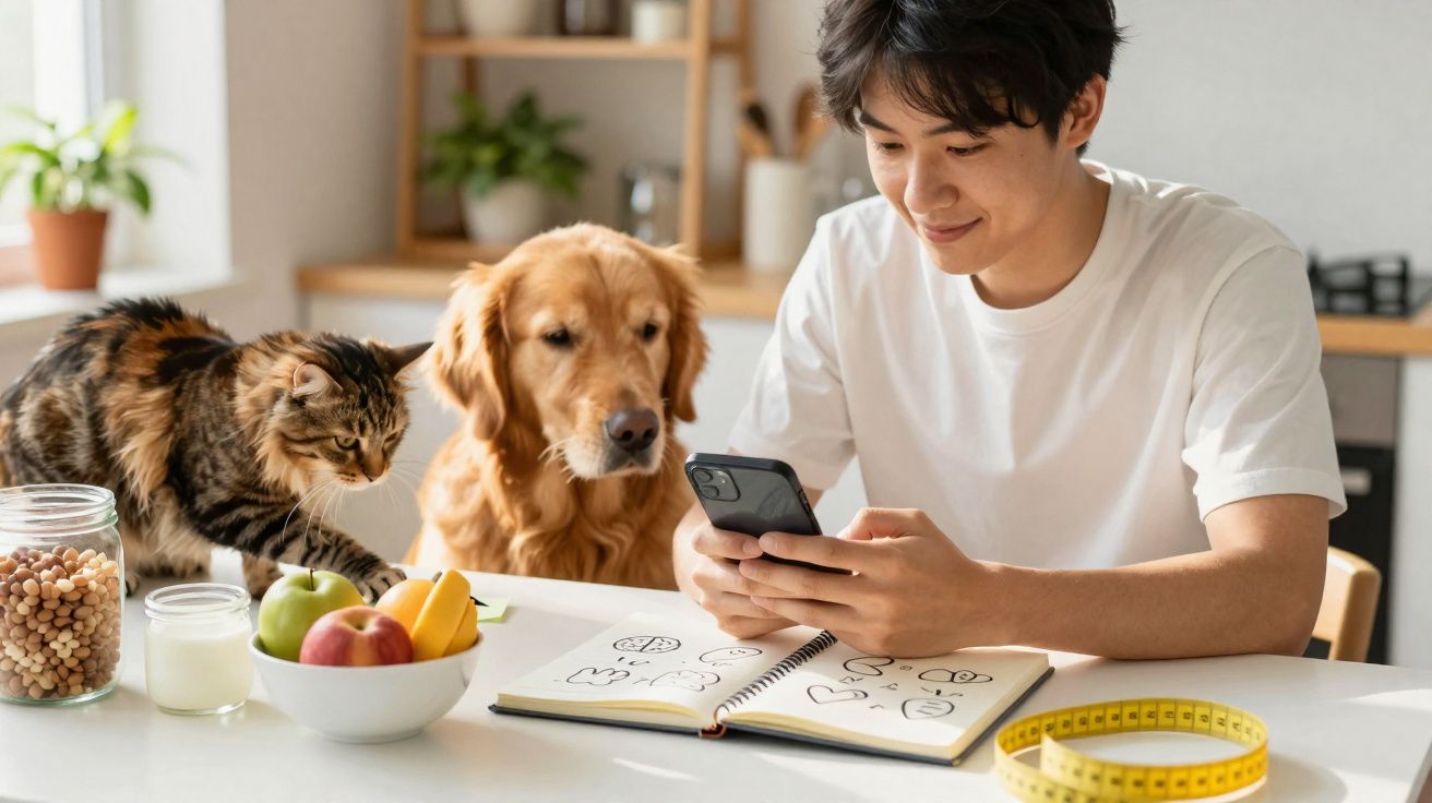 Homem sentado à mesa com um gato e um cão, olhando para o telemóvel enquanto desenha num caderno.