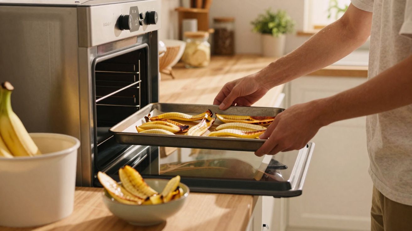 Pessoa a colocar uma tabuleiro com fatias de banana no forno na cozinha moderna.