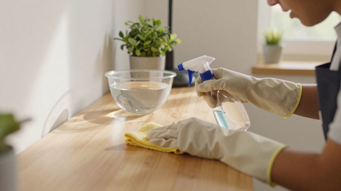 Pessoa a limpar uma mesa de madeira clara com spray de limpeza e pano amarelo, usando luvas de borracha.