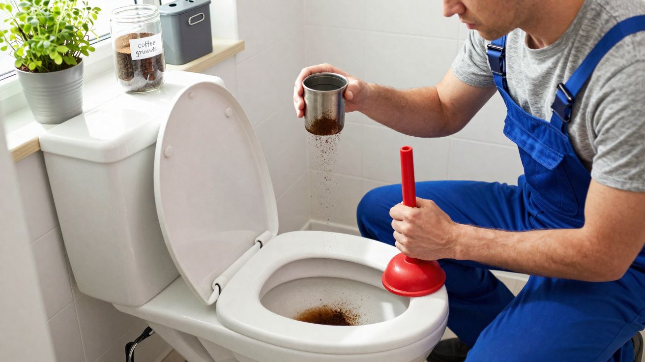 Homem a despejar borra de café na sanita enquanto segura um desentupidor vermelho numa casa de banho.