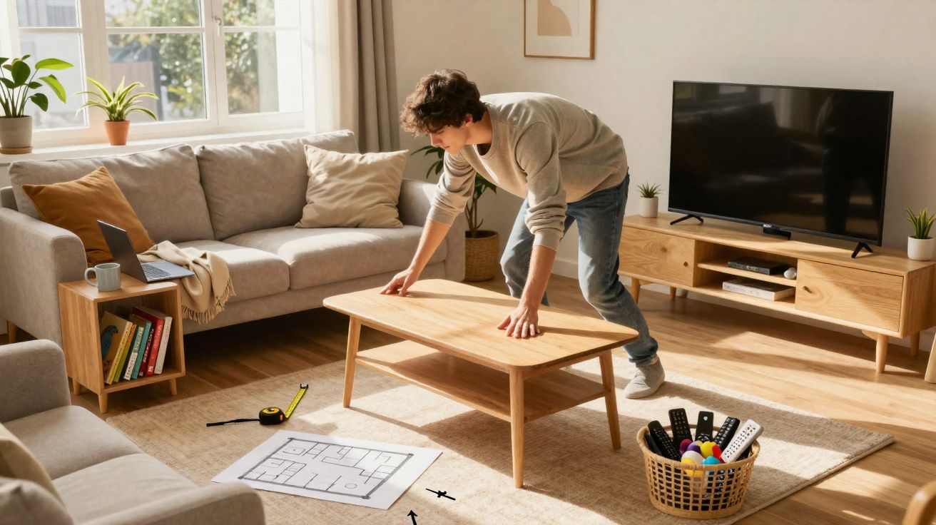 Homem ajeita mesa de centro de madeira numa sala de estar moderna com sofá, TV e plantas.