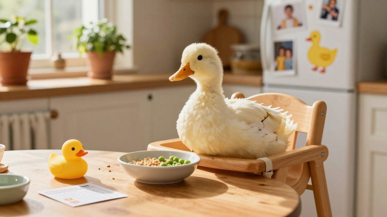 Pato branco sentado numa cadeira alta de madeira à mesa, com prato de comida e pato de borracha amarelo.