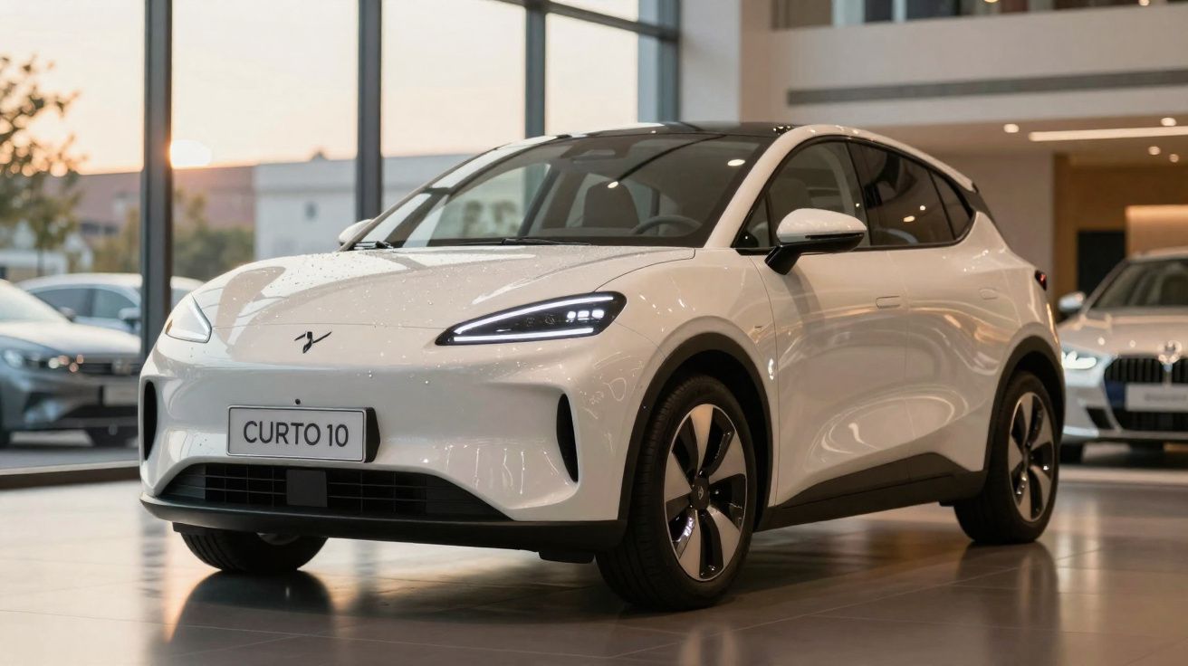 Carro elétrico branco modelo Curto 10 exibido dentro de salão de automóveis moderno e iluminado.