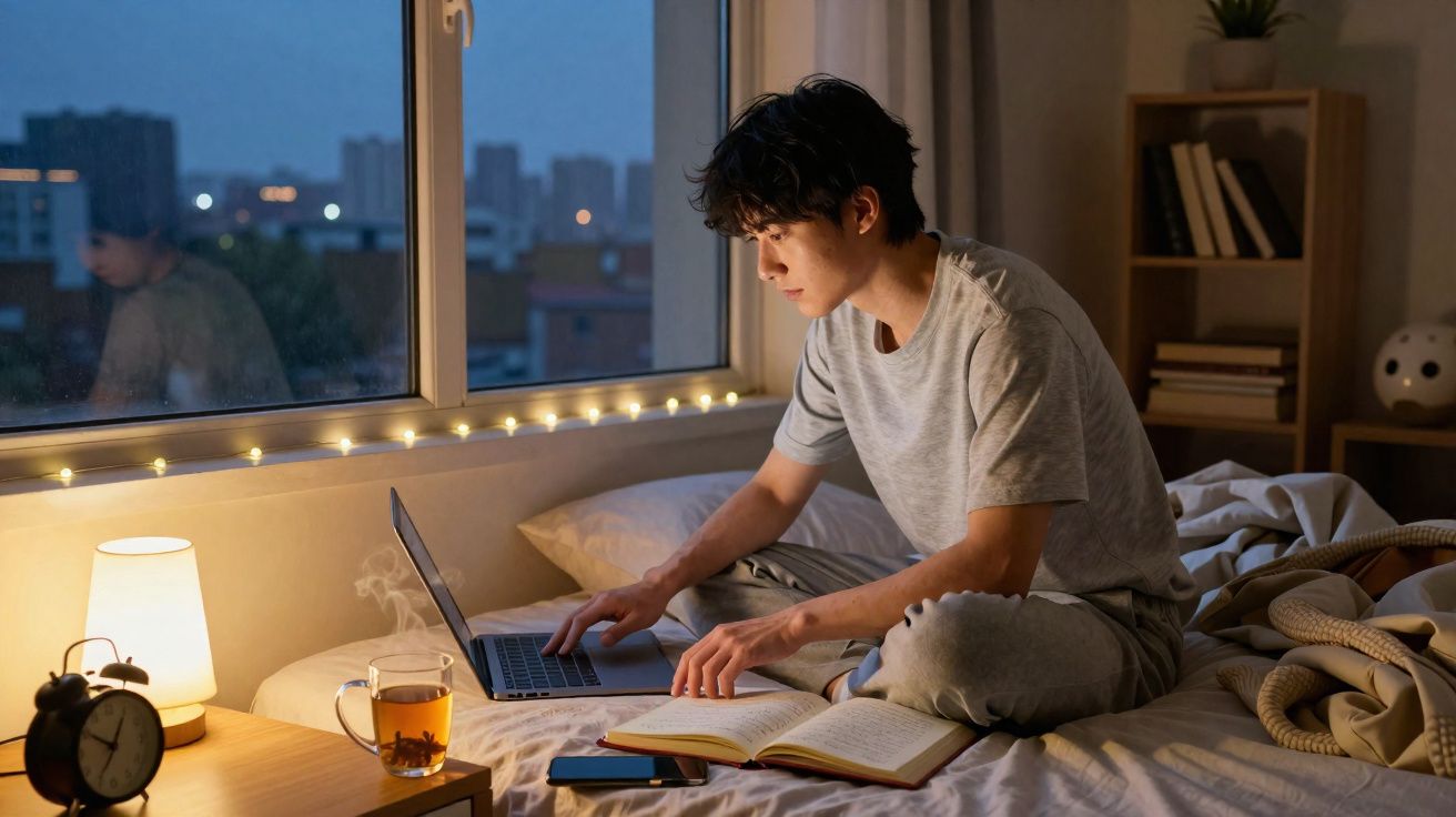 Jovem sentado na cama, a usar portátil, com livro aberto, chá quente e luz suave ao entardecer.