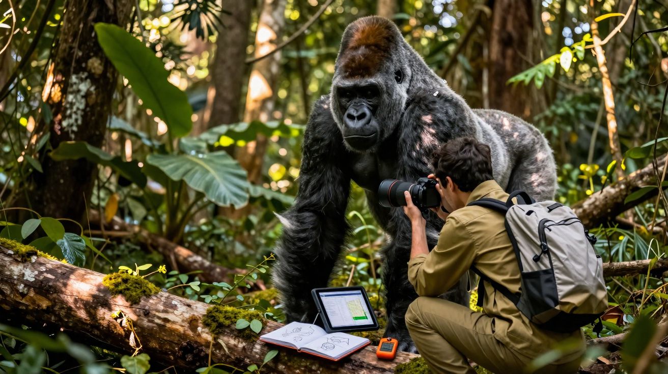 Fotógrafo em floresta a capturar imagens de um gorila ao lado de equipamentos de campo sobre tronco caído.