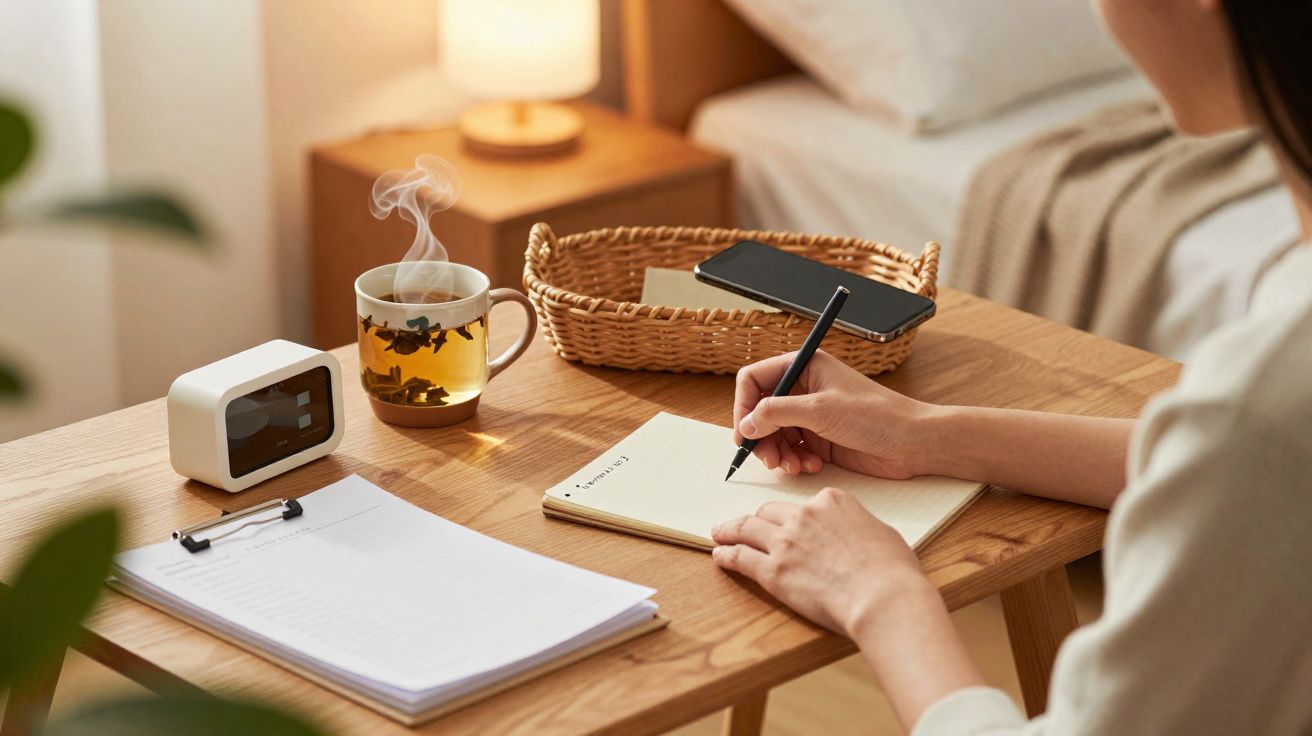 Pessoa a escrever num caderno numa mesa de madeira com chá quente, relógio digital e smartphone à vista.
