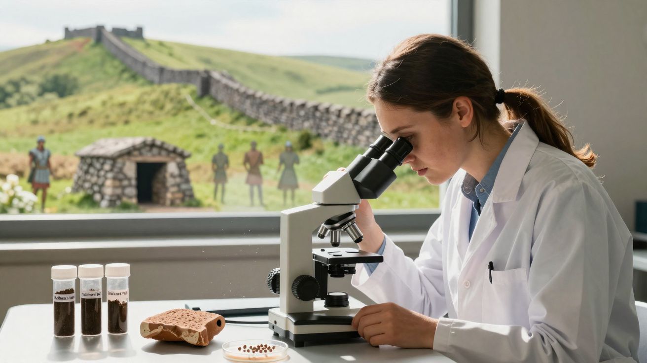 Mulher cientista a observar através de microscópio com muralha histórica visível pela janela atrás dela.