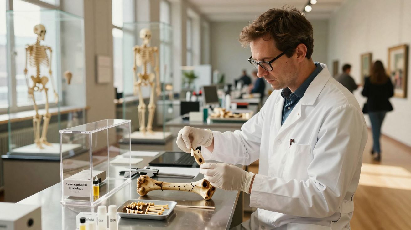 Cientista em bata branca e luvas analisa ossos humanos num laboratório com esqueletos ao fundo.