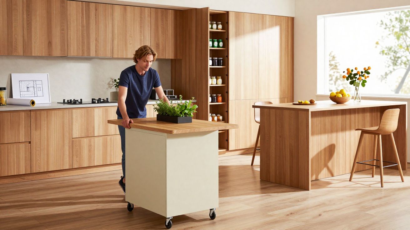 Cozinha moderna em madeira clara com ilha móvel e homem a mexer numa planta aromática.