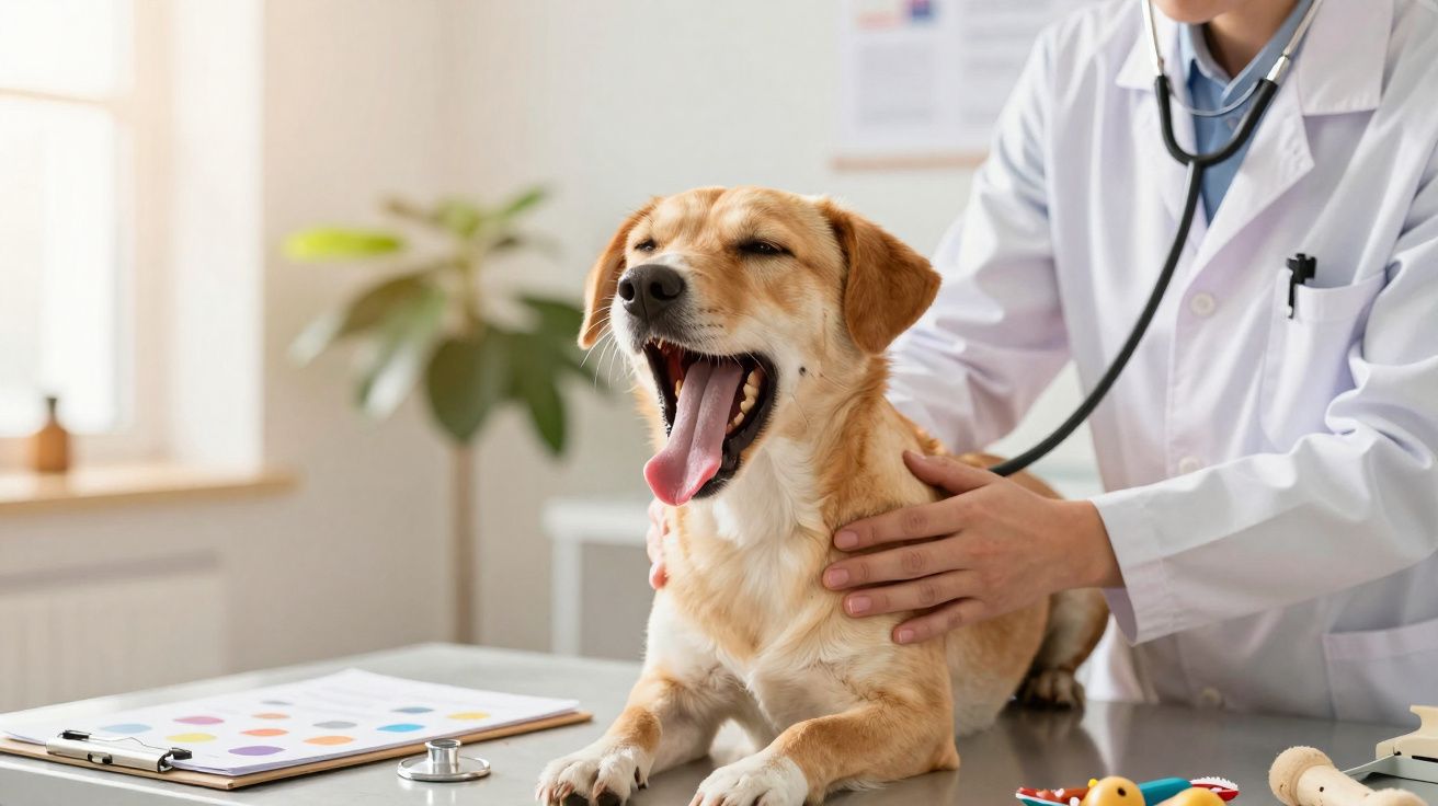Veterinário a examinar cão que está a bocejar numa mesa de consulta num consultório.