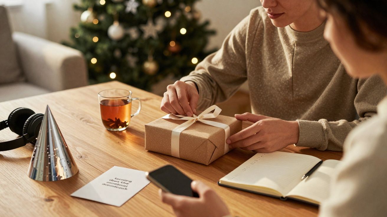 Duas pessoas sentadas à mesa com presente embrulhado, chá, telemóvel, caderno, capa festa e árvore de Natal ao fundo.