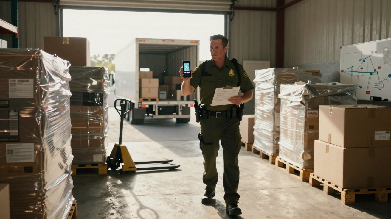 Polícia em armazém com caixas, segura telemóvel e papel, caminhão aberto ao fundo.