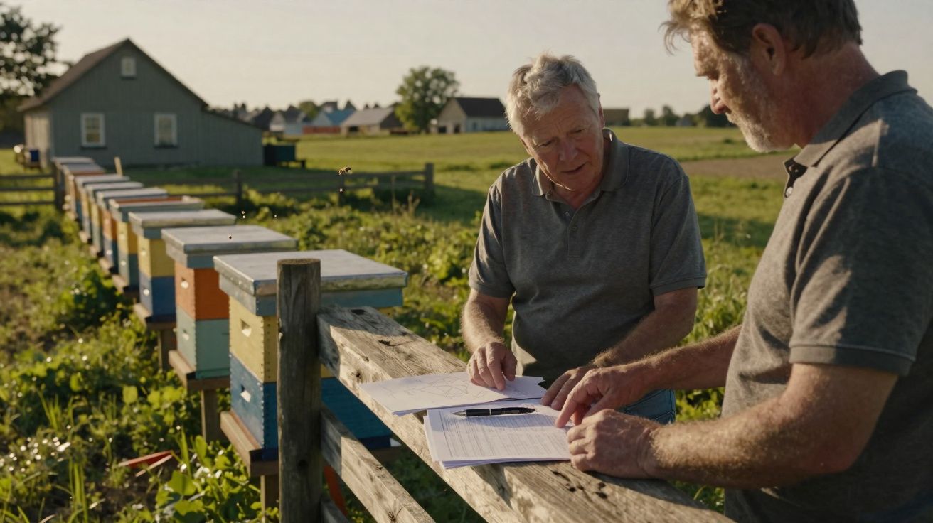 Dois apicultores a discutir documentos ao ar livre junto a colmeias num campo rural ao fim da tarde.