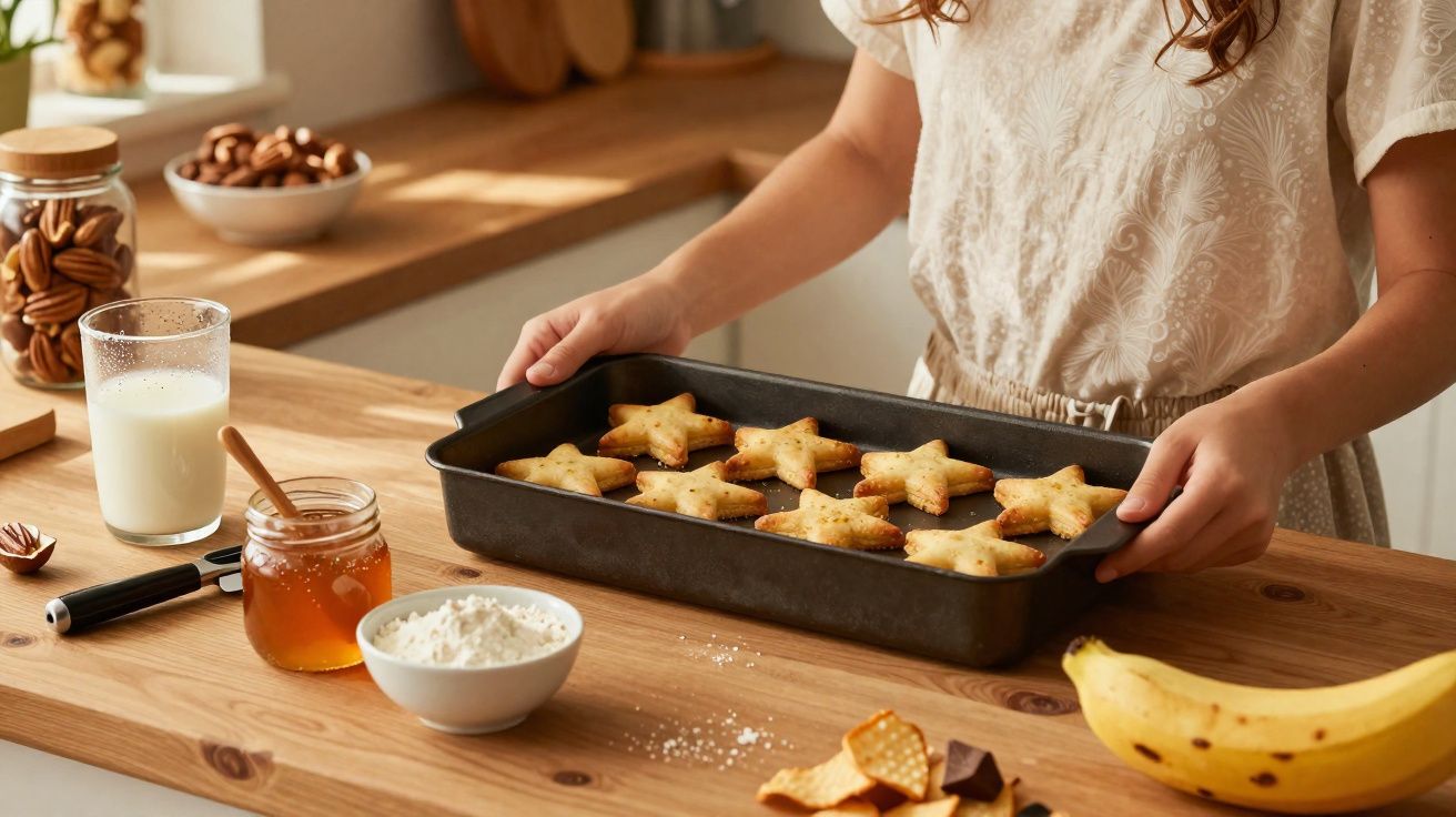 Pessoa a segurar tabuleiro com bolachas em forma de estrela, ao lado de ingredientes numa cozinha.